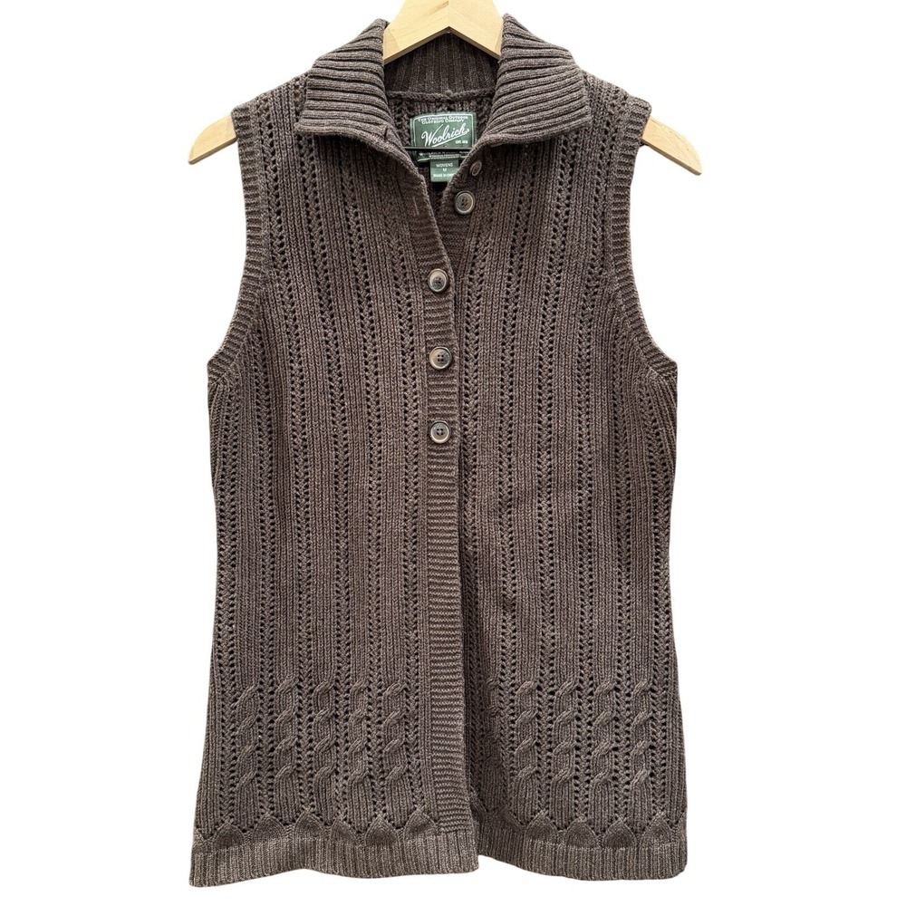 WOOLRICH Womens Pointelle Cable Knit Button Front Vest Size M Earthy Gorpcore